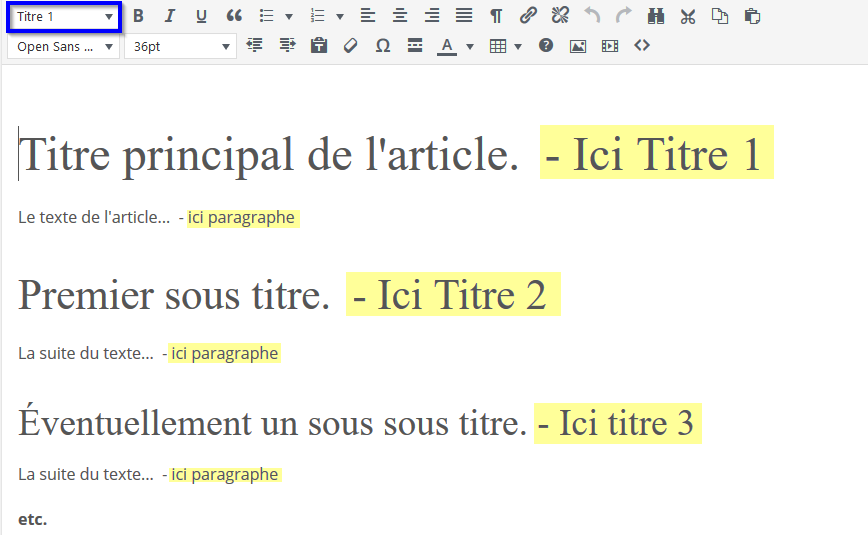 Titres et paragraphes dans l'éditeur WordPress